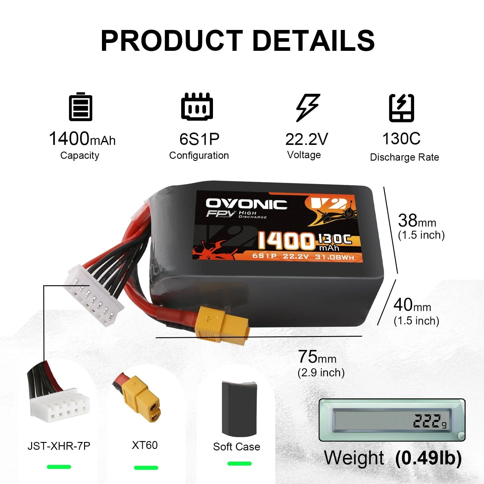 Drone Battery 6S - Ovonic 6S 1400mAh 130C LiPo Akku-Pack